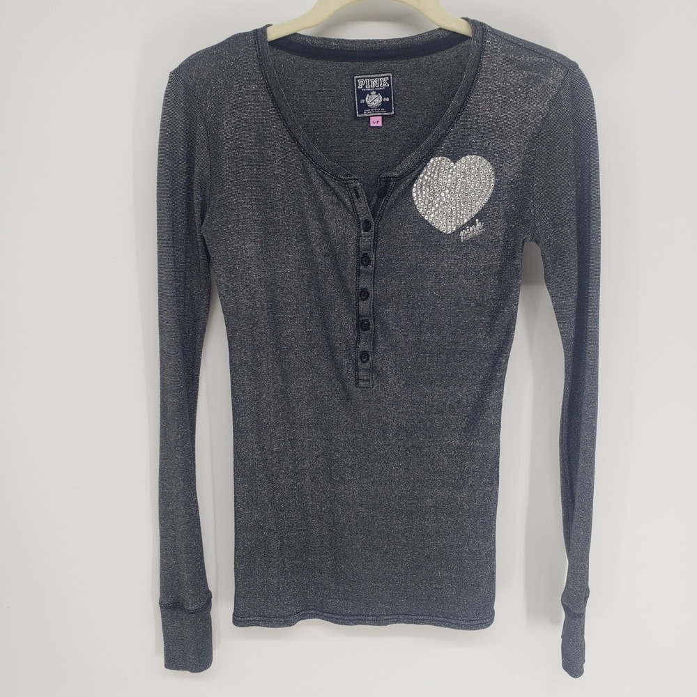 Y2K PINK Victorias Secret Shimmer Henley Top Small Gray Rhinestone Heart Bling